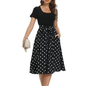 NEW Women's Short Sleeve Polka Dots Elastic Waist Casual Dresses - Size M